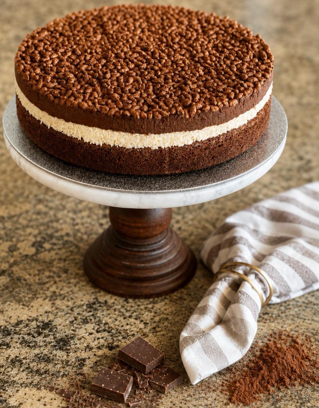 A round chocolate brownie cake with a coconut layer and crisp chocolate top, on a marble and wood pedestal