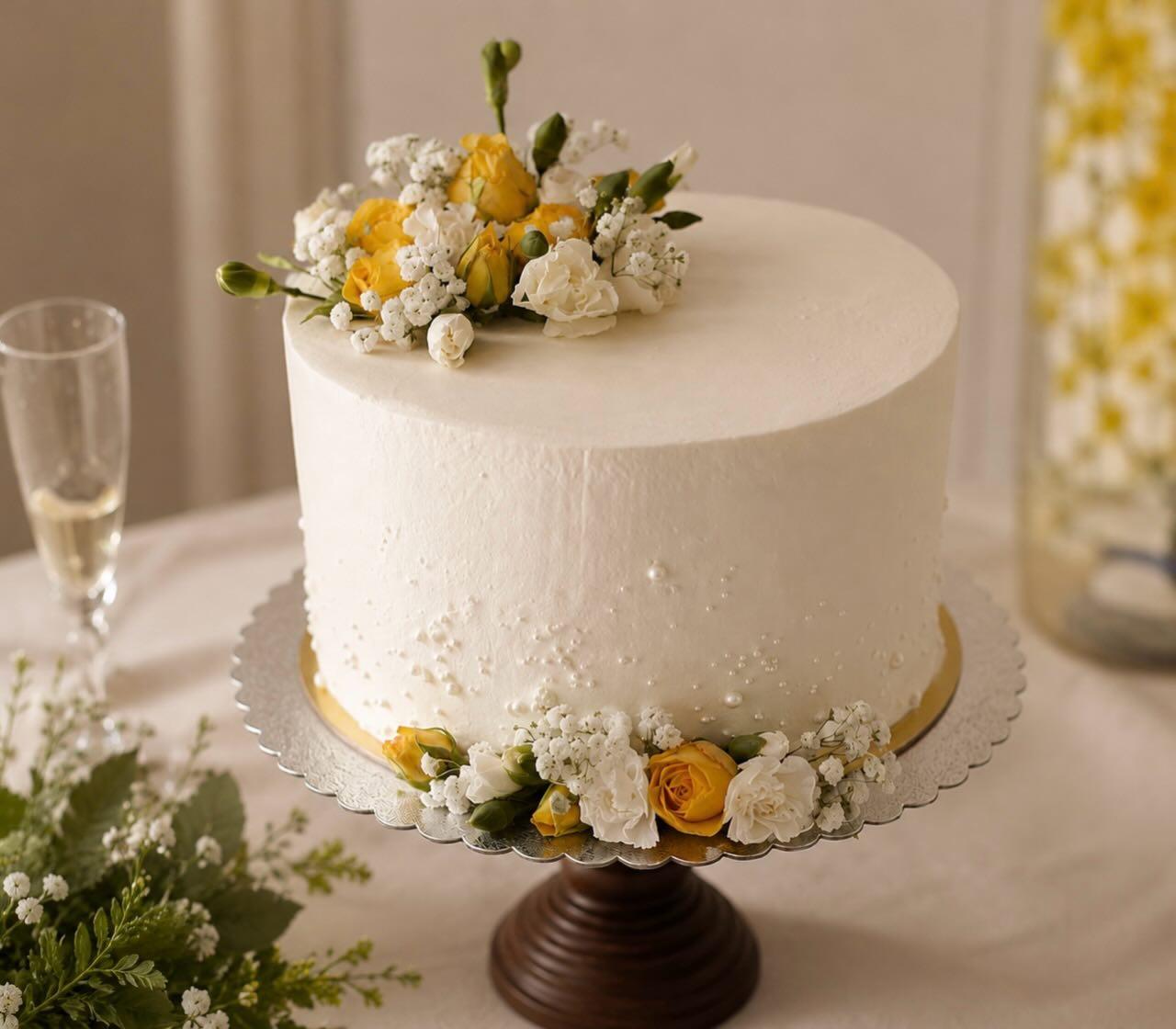 A white buttercream cake on a wooden pedestal, crowned and circled with yellow roses, white carnations and baby’s breath, beside a glass of champagne