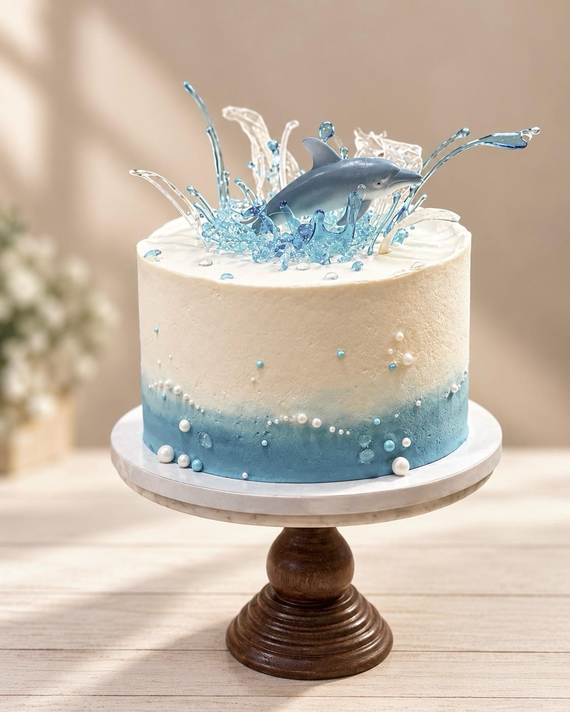 A white cake washing into ocean blue at its base, dotted with pearls and crowned with a dolphin leaping from a splash of clear blue waves, on a marble and walnut pedestal