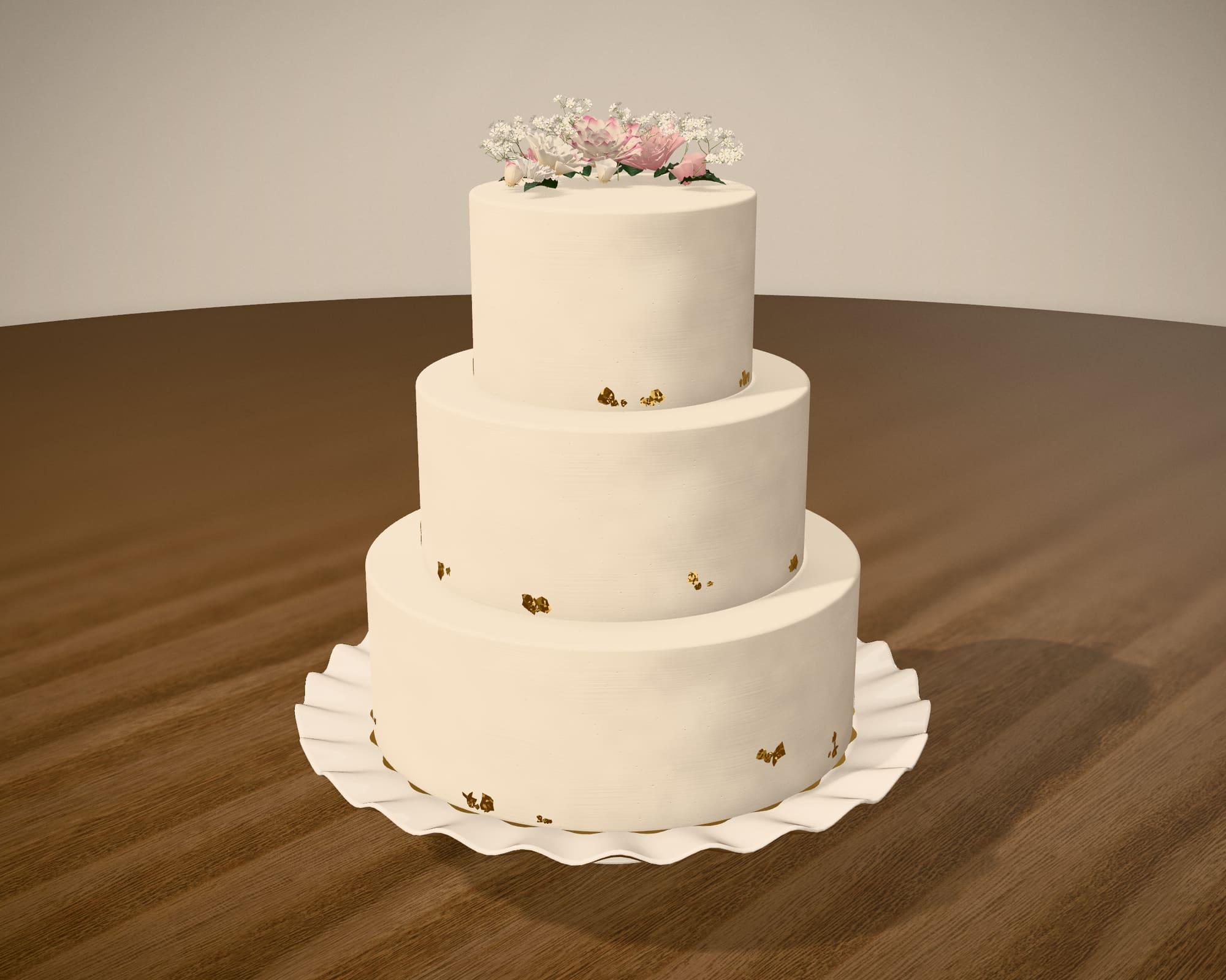 A three-tier ivory cake crowned with garden roses and baby’s breath, as rendered by the 3D studio
