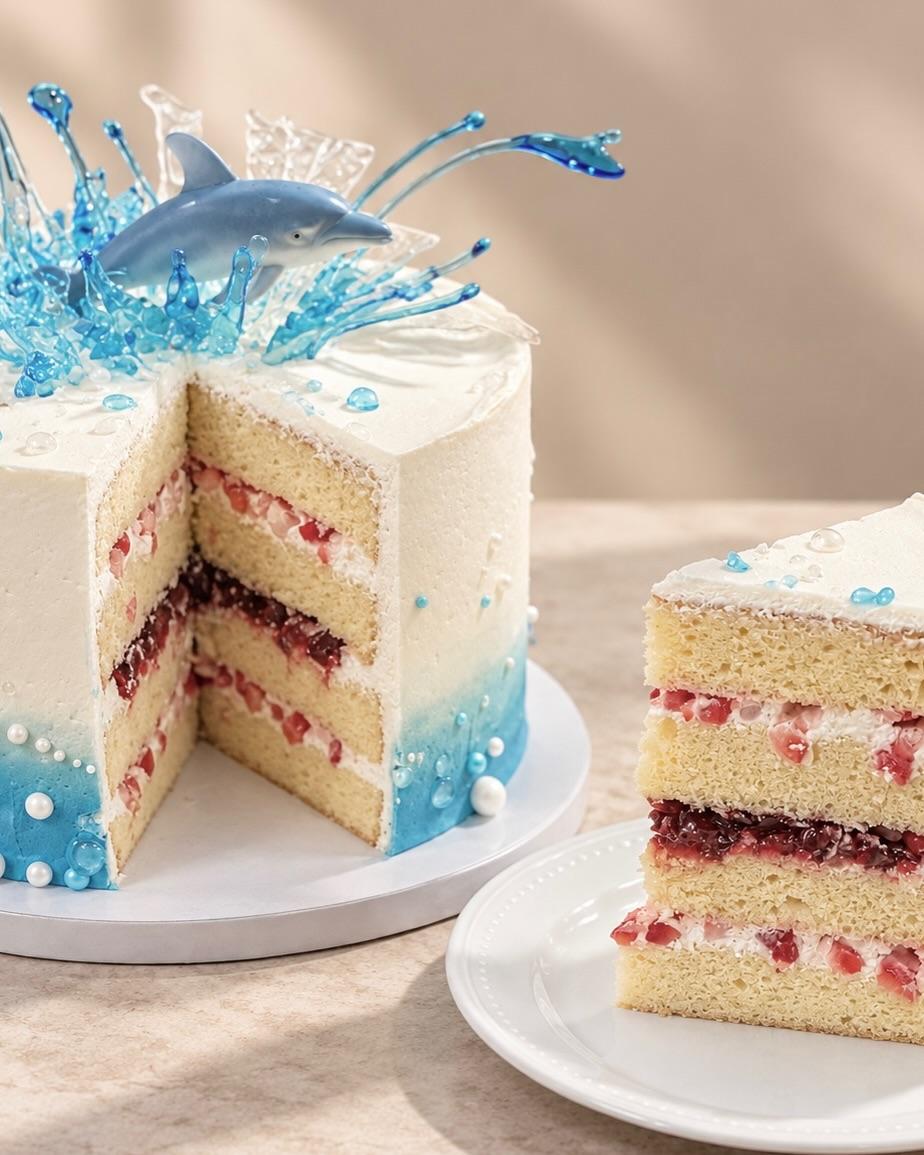 The cake cut open to four layers of vanilla chiffon, filled with cream and chopped strawberries around a dark red center layer, a slice beside it on a white plate